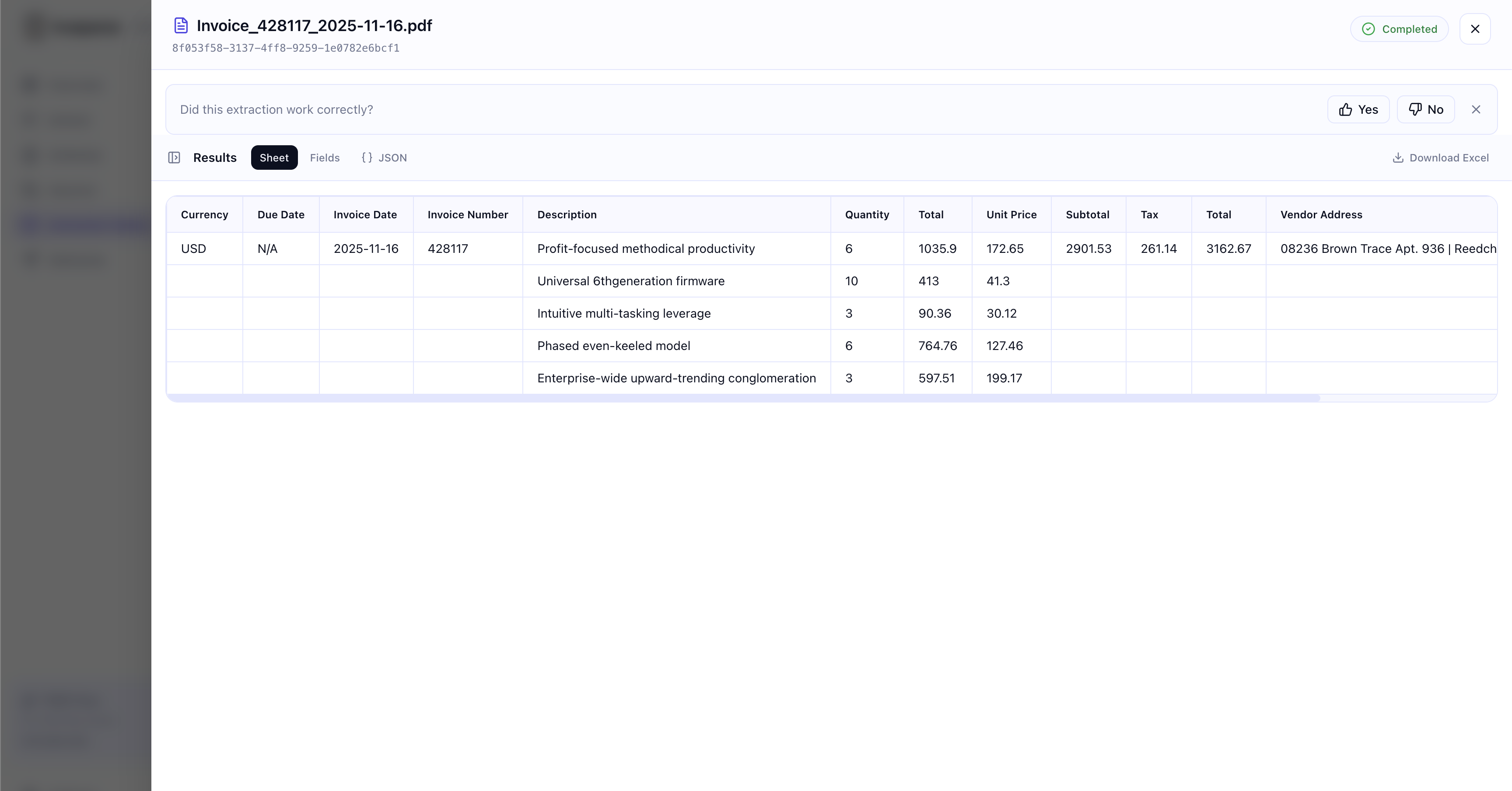 TrueParse extraction results — invoice data extracted into structured columns